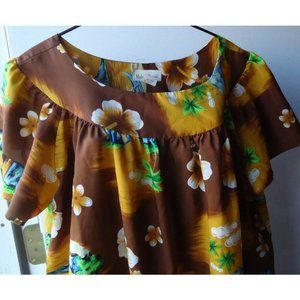 Vtg Hawaii Polyester Brown Gold Tropical Flowers Dress Muu Muu